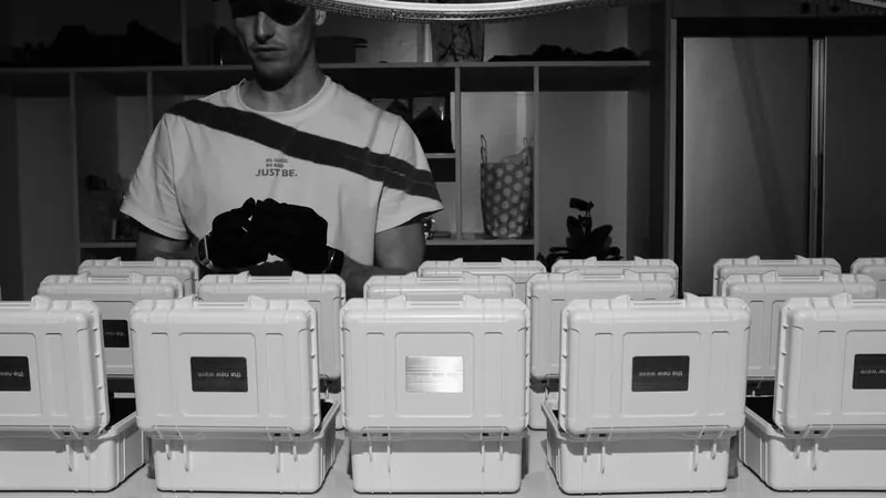 Black and white photograph: a row of open white carry cases, each with the new wave plate, being packed with watches