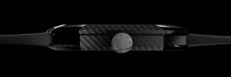 Project 2 in side profile, lying flat: the thin carbon-fibre case, its TNW crown and the strap