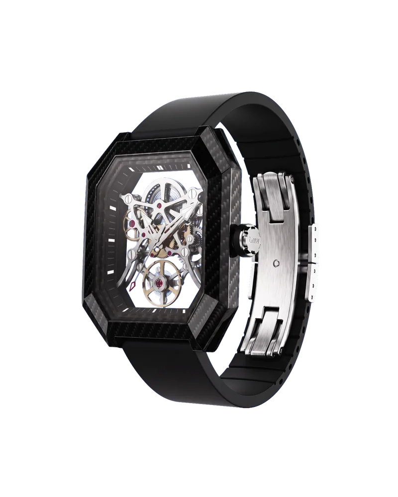 Project 2 in Black Carbon at three quarters, on the Nocturne strap with its steel deployant clasp