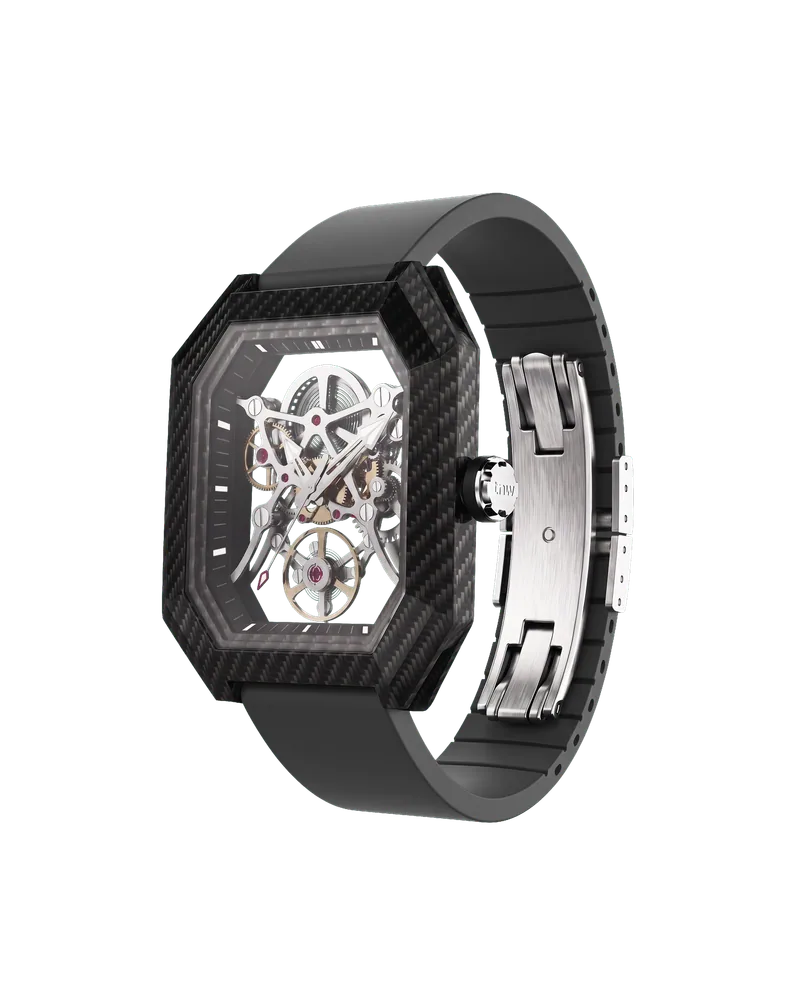 Project 2 in Grey Carbon at three quarters, on the Palladium strap with its steel deployant clasp