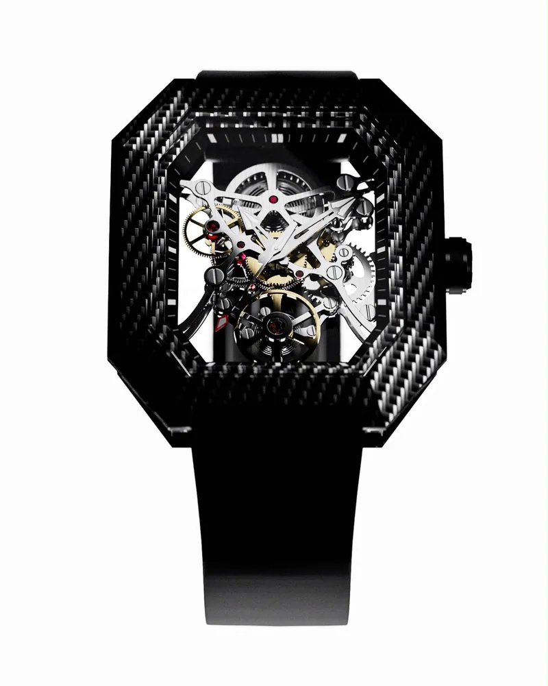 Project 2 in Black Carbon from the front: the octagonal carbon-fibre case and the skeleton movement
