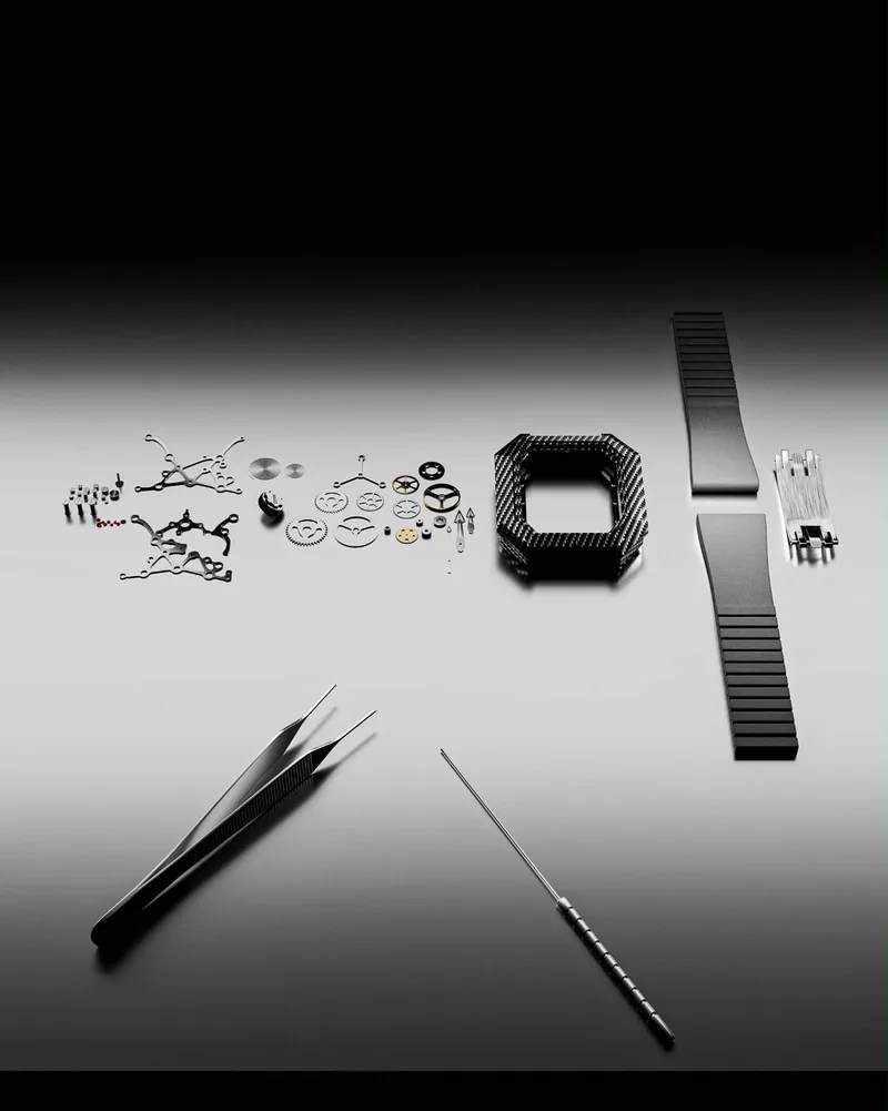 Project 2 taken apart on a workbench: movement bridges, wheels, jewels and hands, the carbon-fibre case, the strap and the clasp, with tweezers