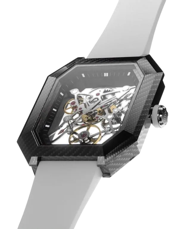 Project 2 at three quarters in daylight: the carbon-fibre case on its white strap
