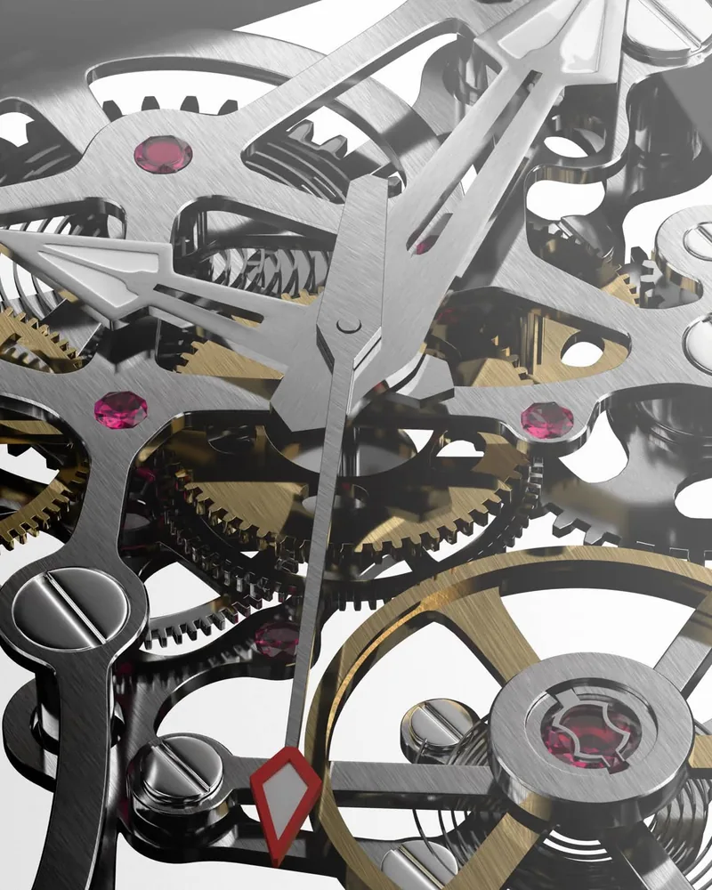 Close view of the Project 2 skeleton movement: brushed bridges, gold wheels, ruby jewels and the red-tipped seconds hand