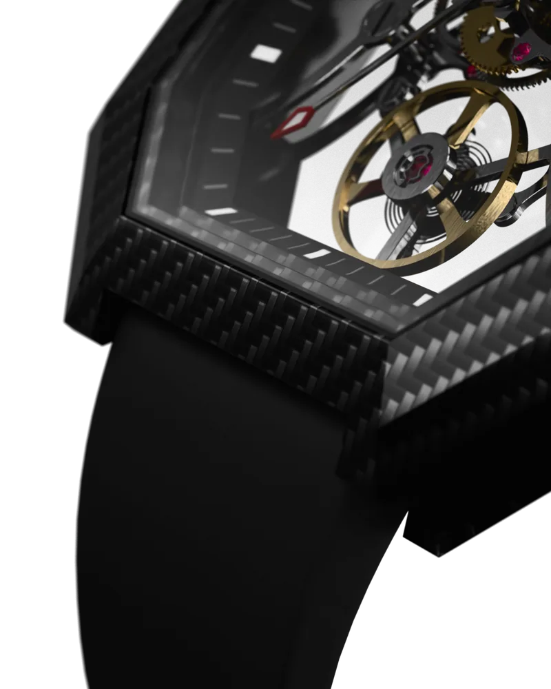 Close view of Project 2 in Black Carbon: the chamfered carbon-fibre case, the strap and the balance wheel through the crystal